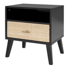 Queen Size Solid Wood Bed Frame with 2 Nightstands, Built-in Lamps, Rattan & Wood Design,Black