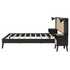 Queen Size Solid Wood Bed Frame with 2 Nightstands, Built-in Lamps, Rattan & Wood Design,Black