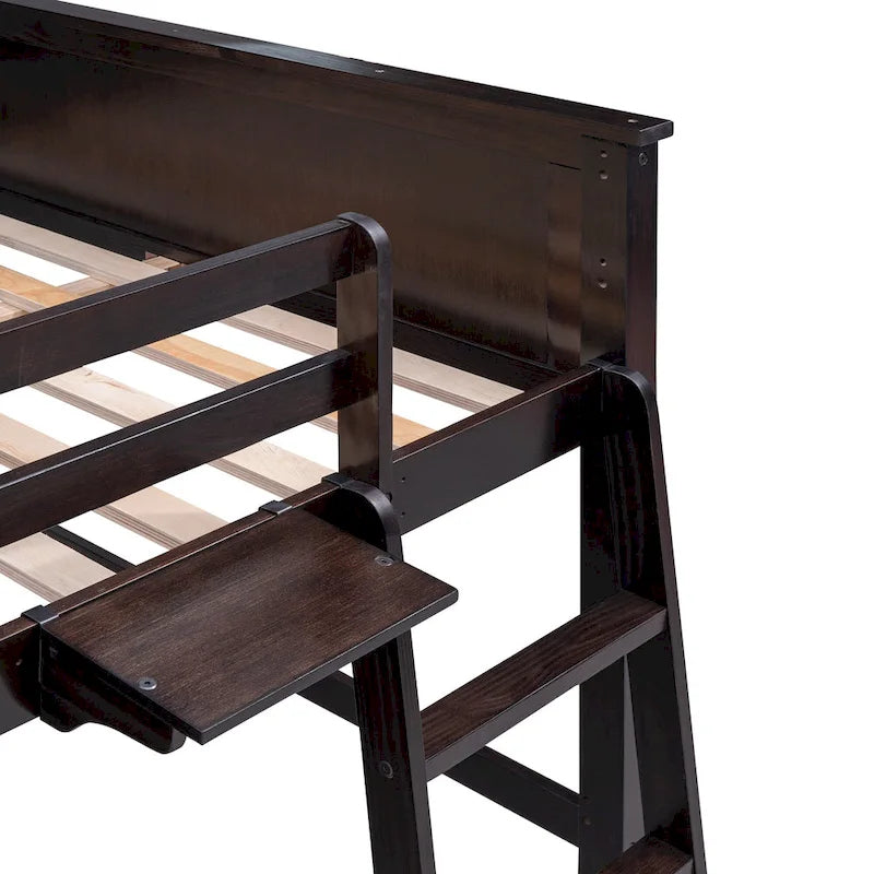 Full Size Loft Bed with Drawers and Desk, Wooden Loft Bed with Shelves - White