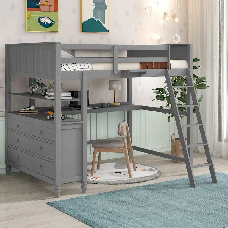 Full Size Loft Bed with Drawers and Desk, Wooden Loft Bed with Shelves - White