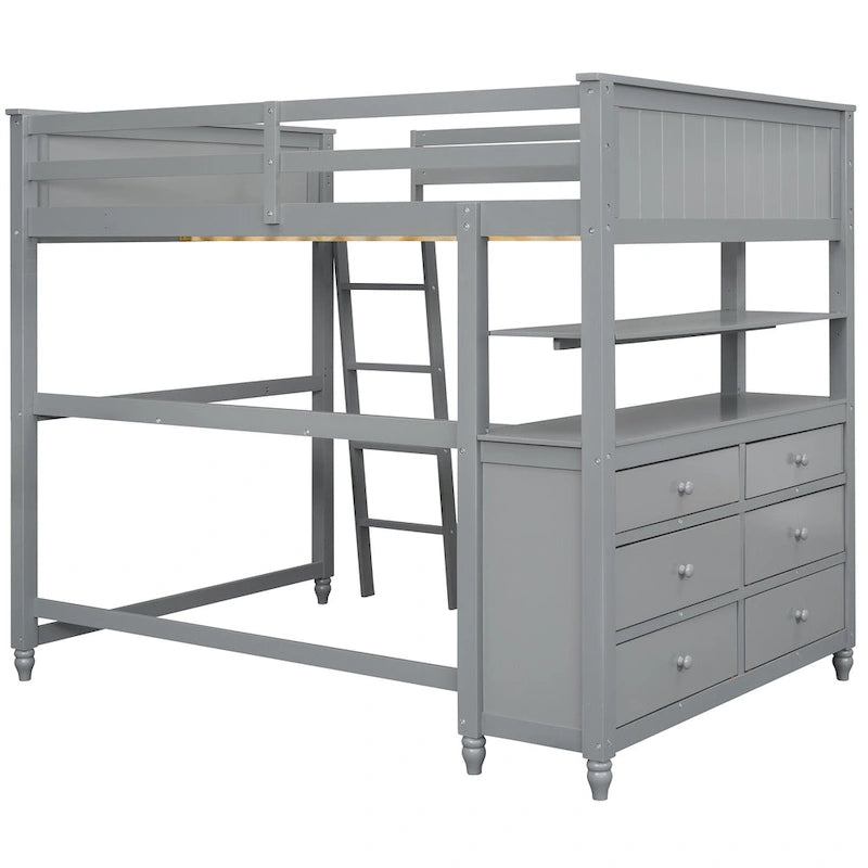Full Size Loft Bed with Drawers and Desk, Wooden Loft Bed with Shelves - White