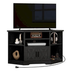47" Hexagonal Corner TV Stand with Power Outlets, USB Ports & Barn Door Cabinets, Black
