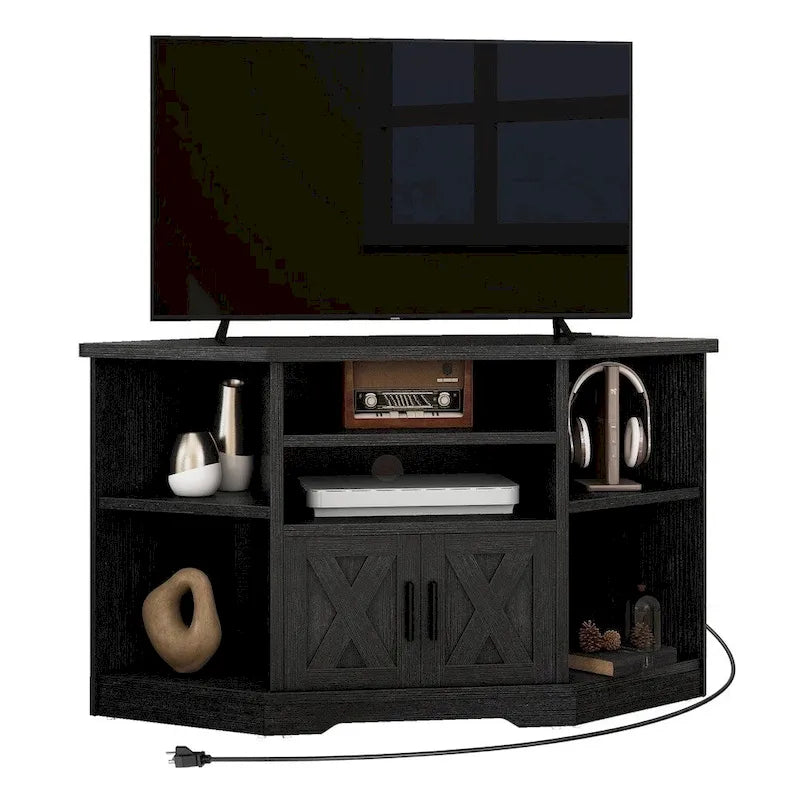 47" Hexagonal Corner TV Stand with Power Outlets, USB Ports & Barn Door Cabinets, Black