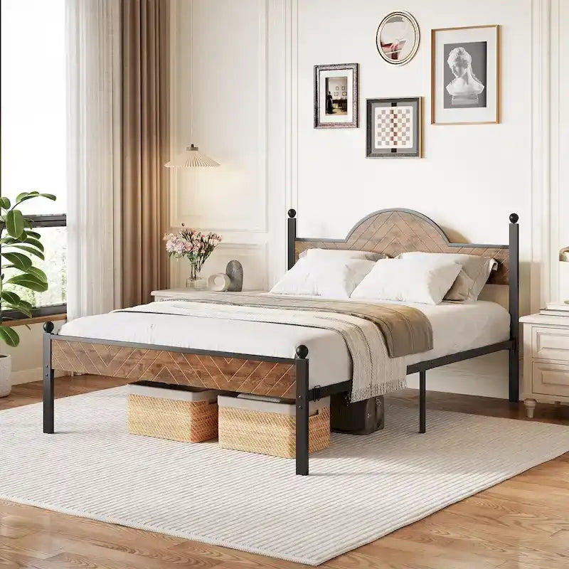 Queen Size Rustic Platform Bed Frame with Wood Headboard and Footboard