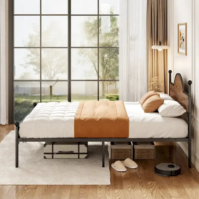 Queen Size Rustic Platform Bed Frame with Wood Headboard and Footboard