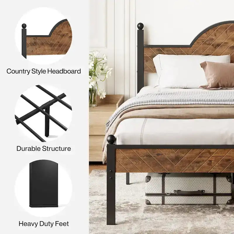 Queen Size Rustic Platform Bed Frame with Wood Headboard and Footboard