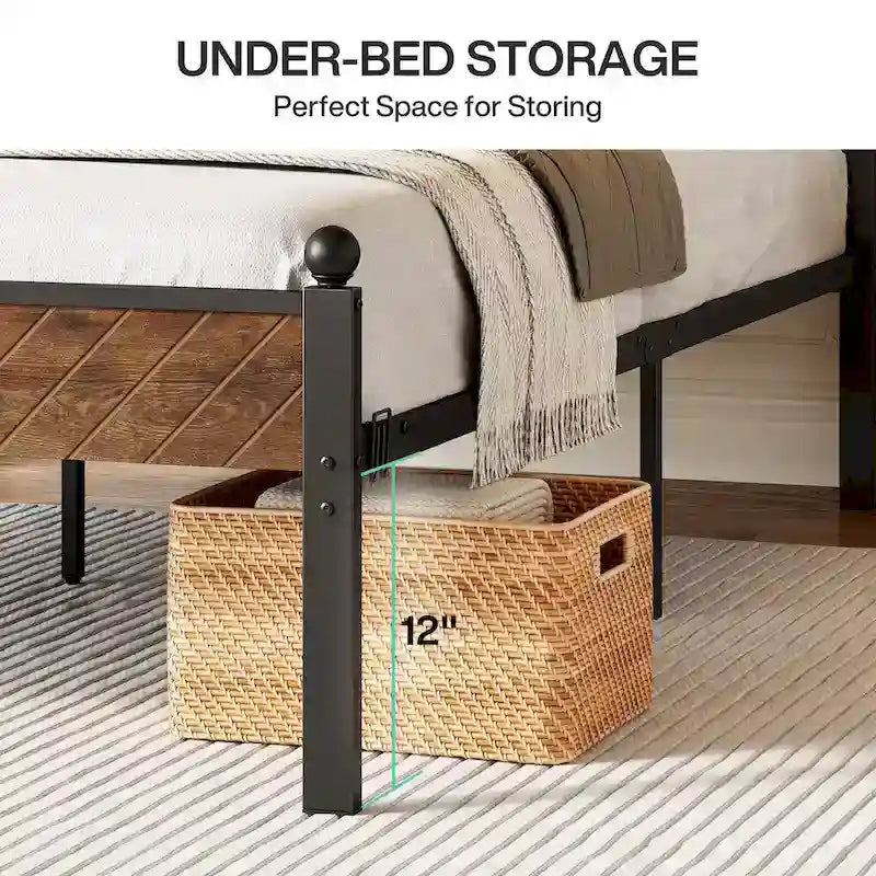 Queen Size Rustic Platform Bed Frame with Wood Headboard and Footboard