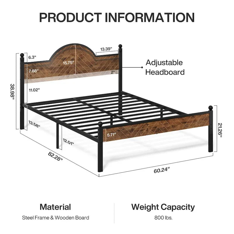 Queen Size Rustic Platform Bed Frame with Wood Headboard and Footboard