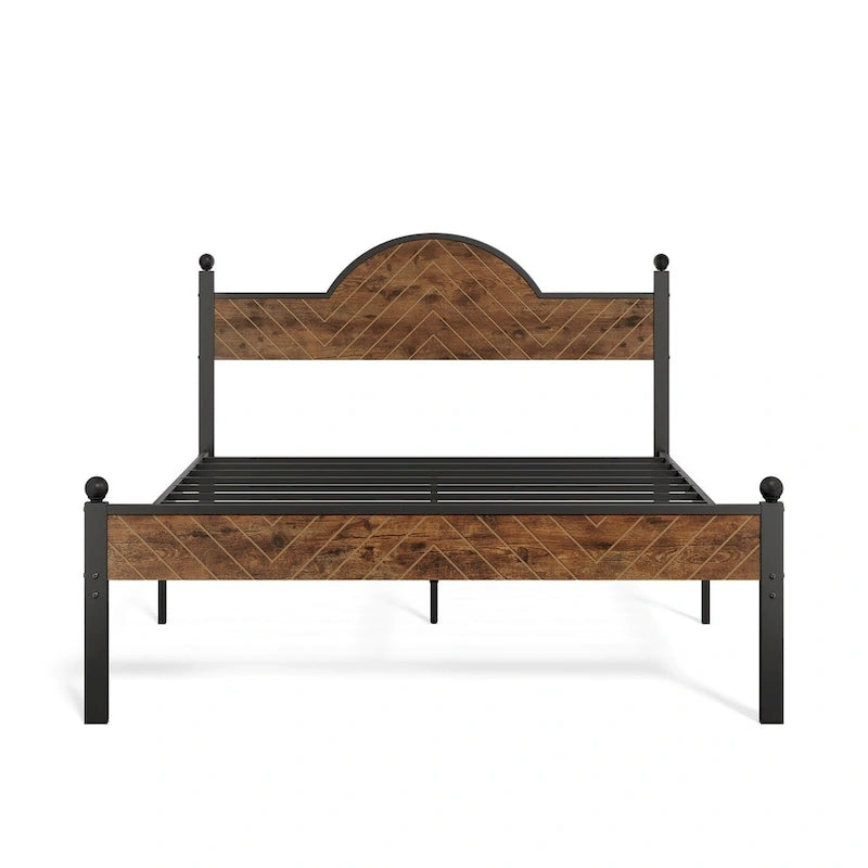 Queen Size Rustic Platform Bed Frame with Wood Headboard and Footboard