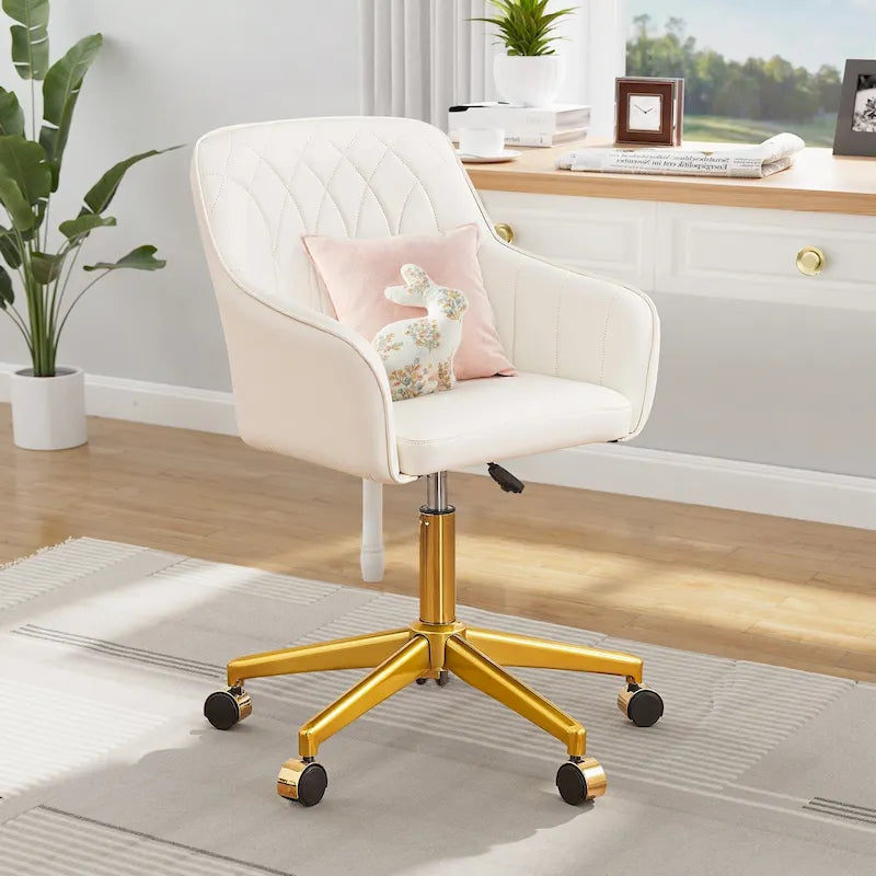 Modern PU Leather Swivel Task Chair with Gold Metal Base, Adjustable Height & 5 Casters
