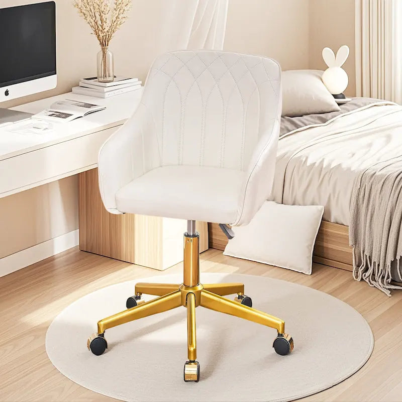 Modern PU Leather Swivel Task Chair with Gold Metal Base, Adjustable Height & 5 Casters