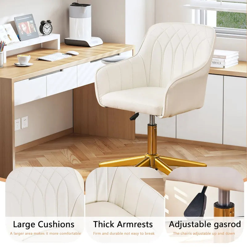 Modern PU Leather Swivel Task Chair with Gold Metal Base, Adjustable Height & 5 Casters