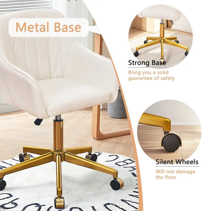 Modern PU Leather Swivel Task Chair with Gold Metal Base, Adjustable Height & 5 Casters