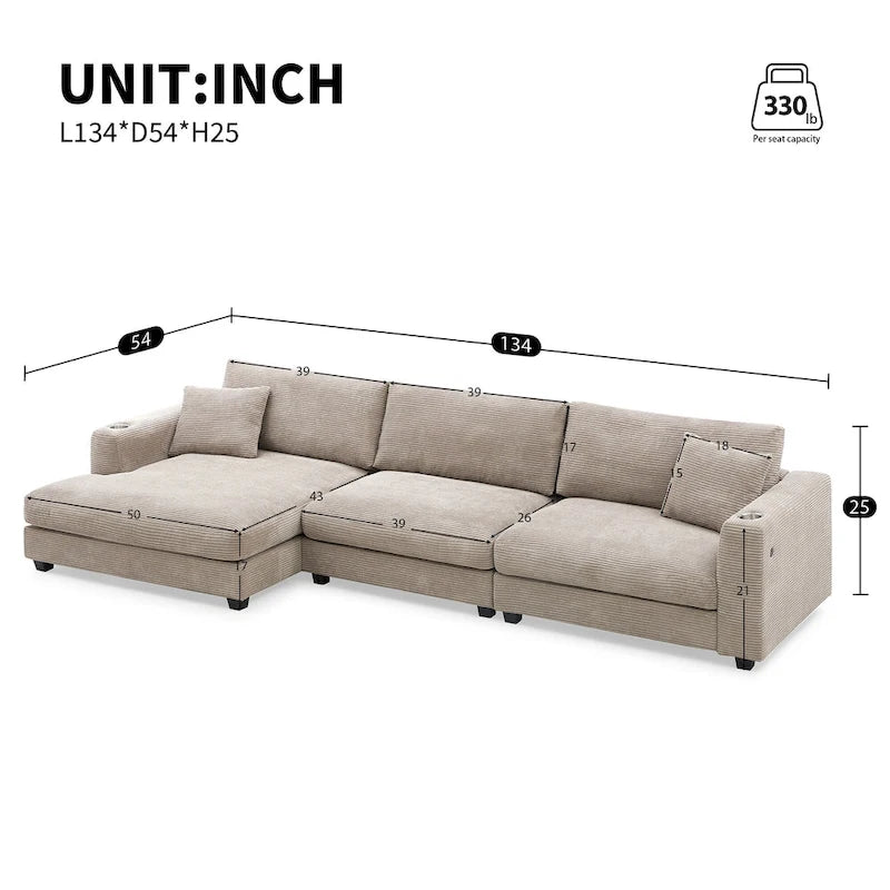 Oversized Corduroy Sectional Sofa,L Shaped Deep Seating Cloud Couch