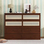 Queen Size Murphy Bed, Pine Wood Cabinet Bed with Rattan Decoration and Storage Drawer,Walnut