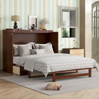 Queen Size Murphy Bed, Pine Wood Cabinet Bed with Rattan Decoration and Storage Drawer,Walnut