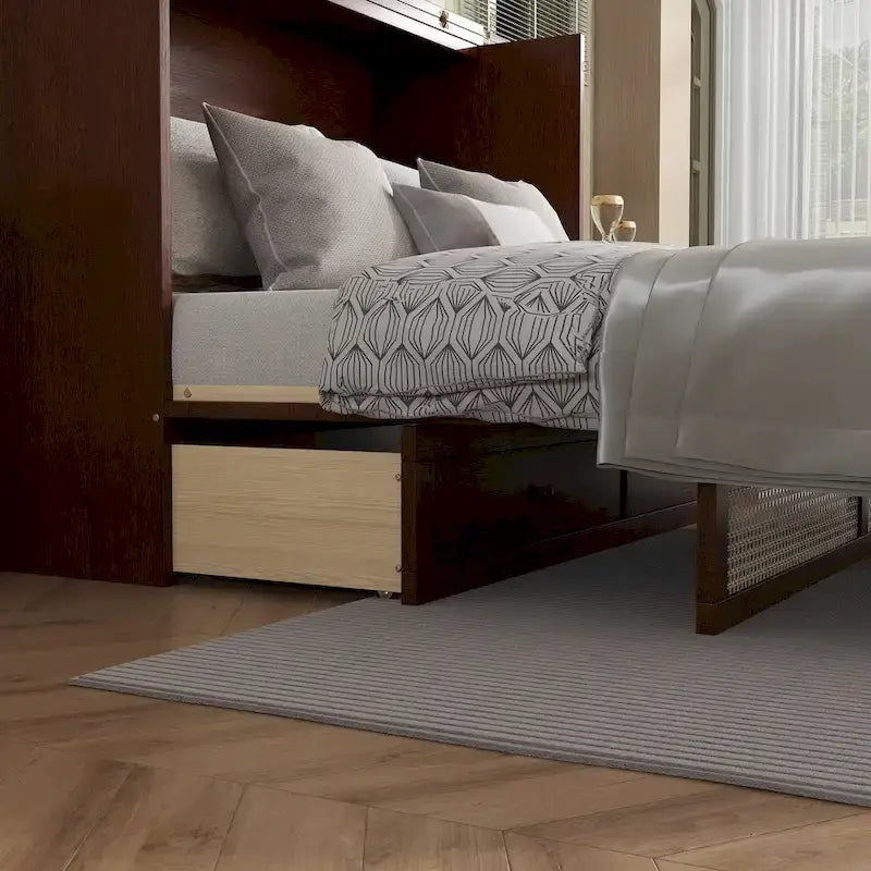 Queen Size Murphy Bed, Pine Wood Cabinet Bed with Rattan Decoration and Storage Drawer,Walnut