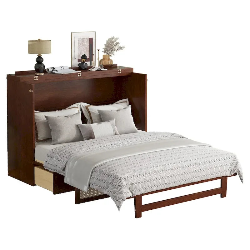 Queen Size Murphy Bed, Pine Wood Cabinet Bed with Rattan Decoration and Storage Drawer,Walnut