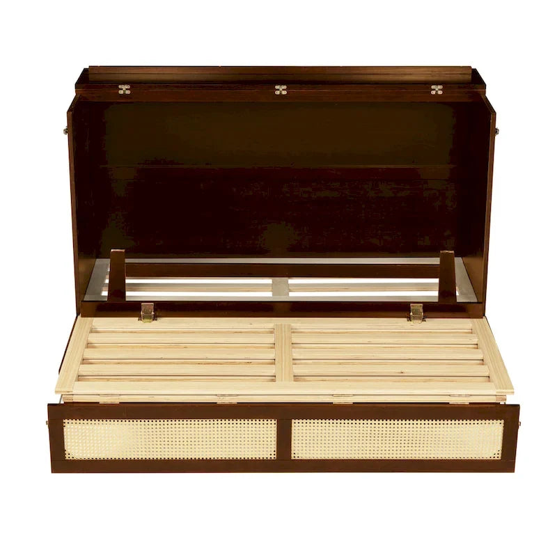 Queen Size Murphy Bed, Pine Wood Cabinet Bed with Rattan Decoration and Storage Drawer,Walnut