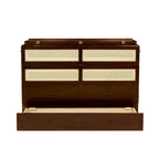 Queen Size Murphy Bed, Pine Wood Cabinet Bed with Rattan Decoration and Storage Drawer,Walnut