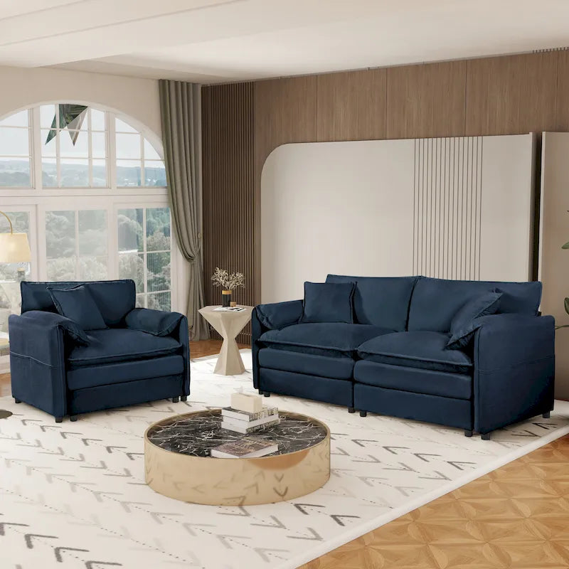 3-Seater Chenille Cloud Sofa with Deep Seats, Storage Pockets & 3 Pillows, 800 lb Capacity