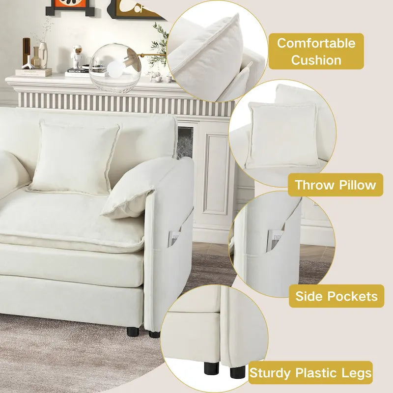 3-Seater Chenille Cloud Sofa with Deep Seats, Storage Pockets & 3 Pillows, 800 lb Capacity