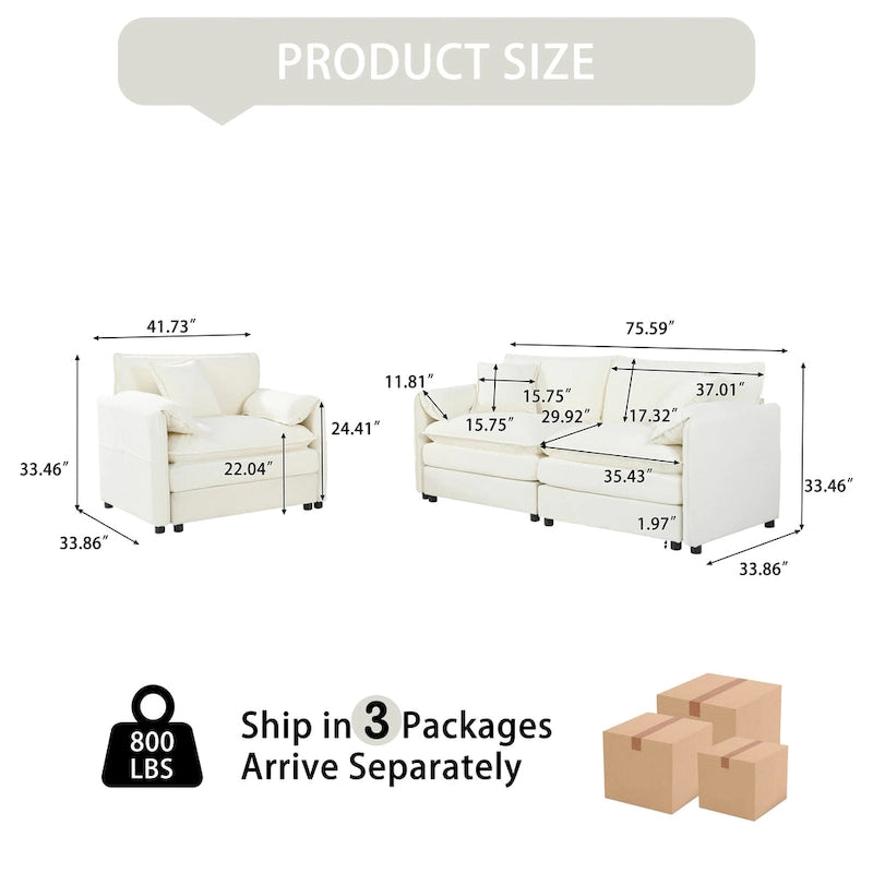3-Seater Chenille Cloud Sofa with Deep Seats, Storage Pockets & 3 Pillows, 800 lb Capacity
