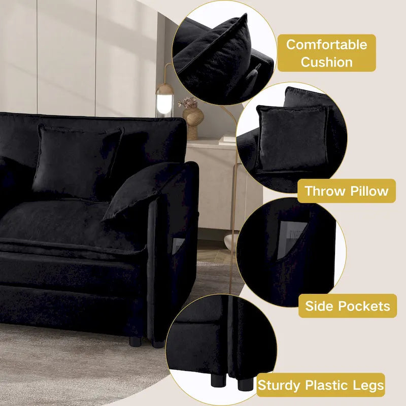 3-Seater Chenille Cloud Sofa with Deep Seats, Storage Pockets & 3 Pillows, 800 lb Capacity