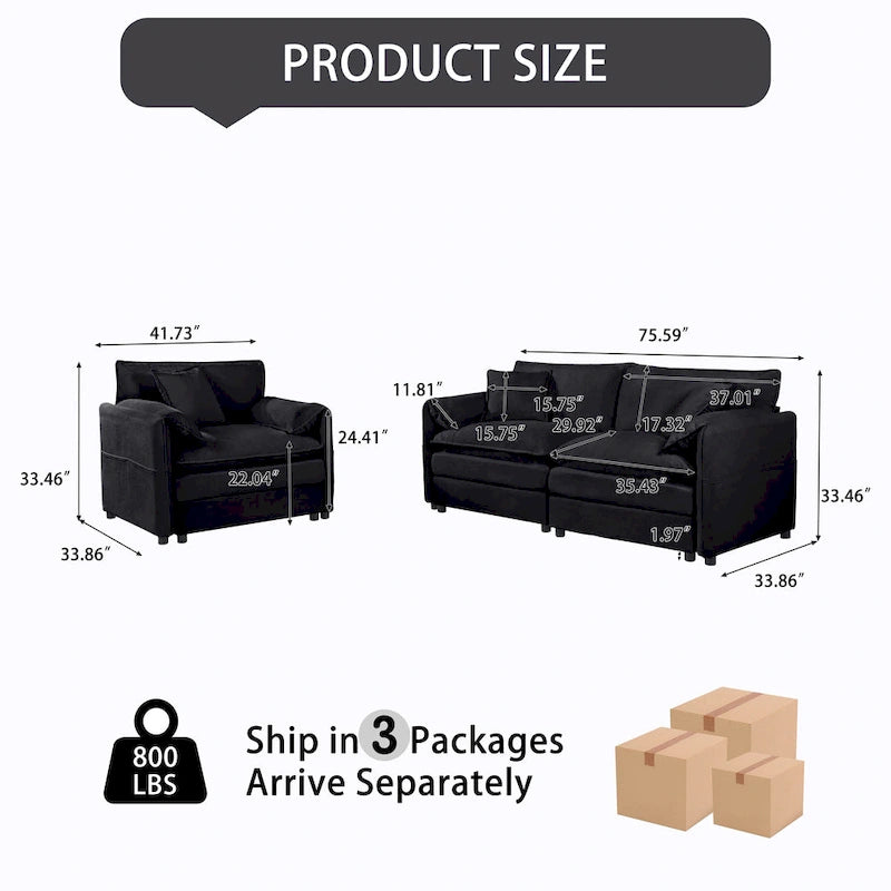 3-Seater Chenille Cloud Sofa with Deep Seats, Storage Pockets & 3 Pillows, 800 lb Capacity