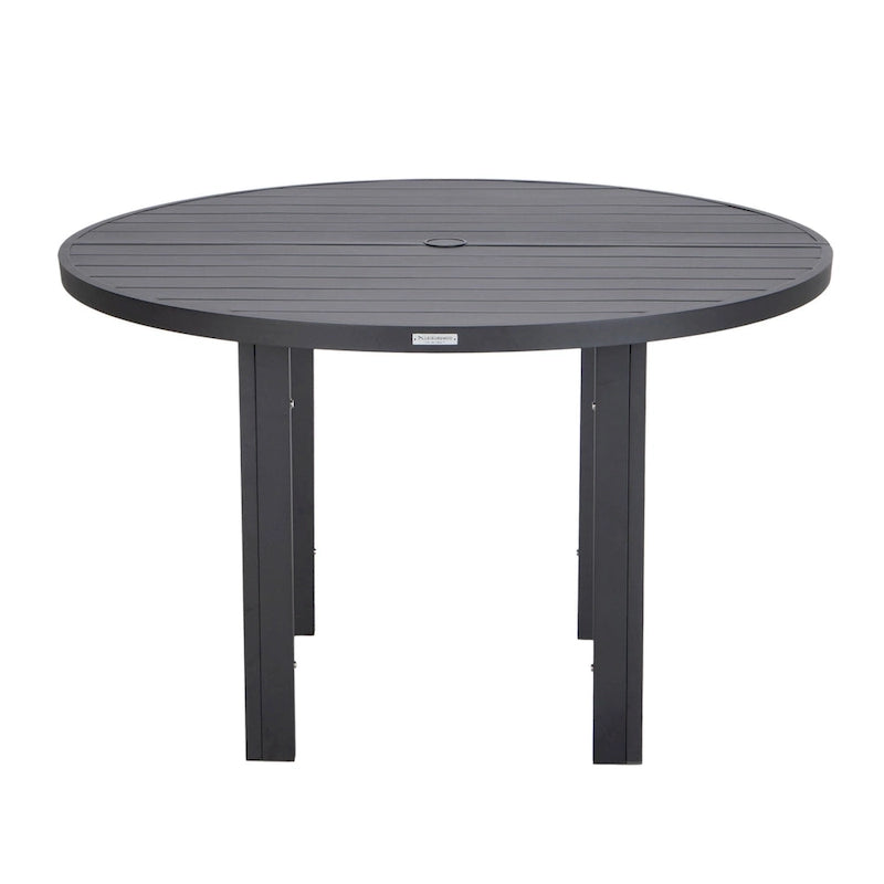 Round Dining Table Powder-Coated Aluminum Top with Slatted Design and Umbrella Hole for Family Gatherings & Parties