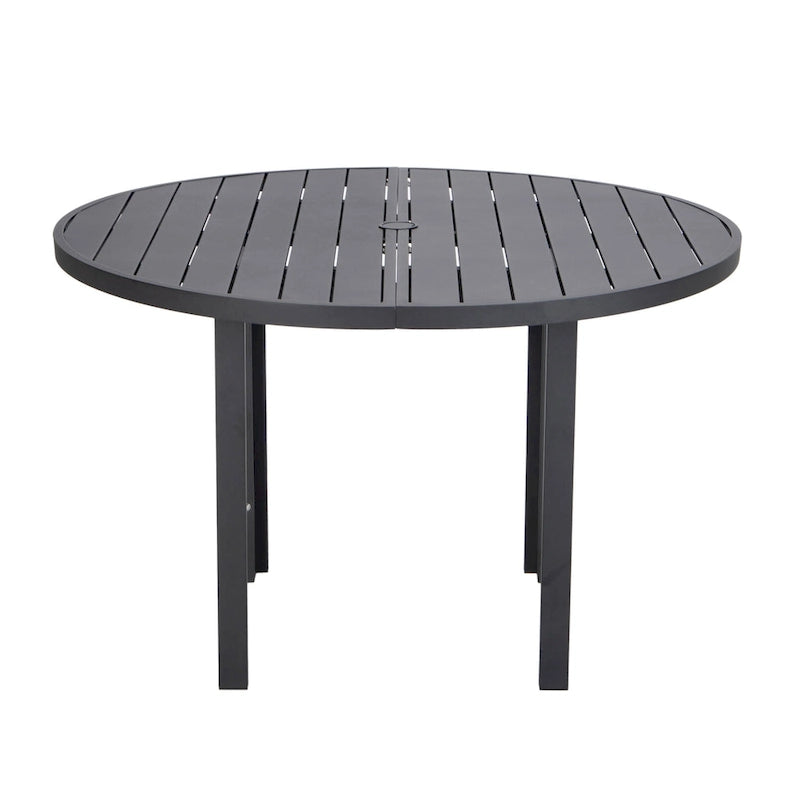 Round Dining Table Powder-Coated Aluminum Top with Slatted Design and Umbrella Hole for Family Gatherings & Parties