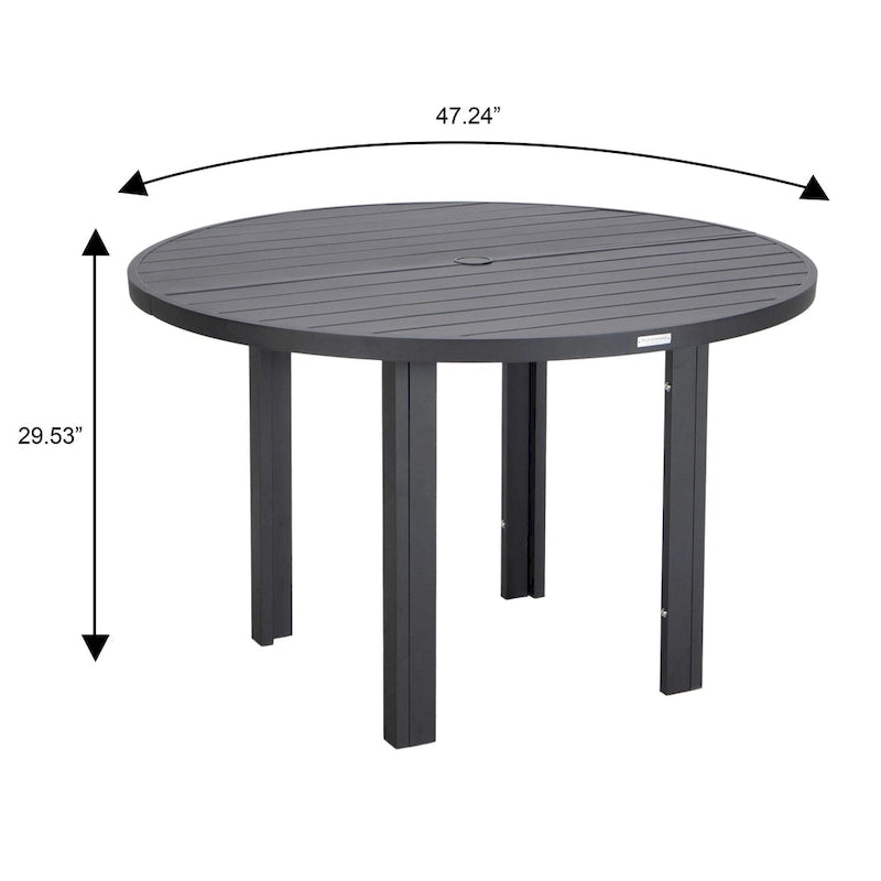Round Dining Table Powder-Coated Aluminum Top with Slatted Design and Umbrella Hole for Family Gatherings & Parties