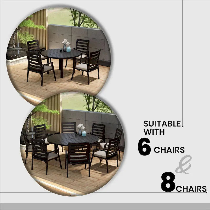 Round Dining Table Powder-Coated Aluminum Top with Slatted Design and Umbrella Hole for Family Gatherings & Parties