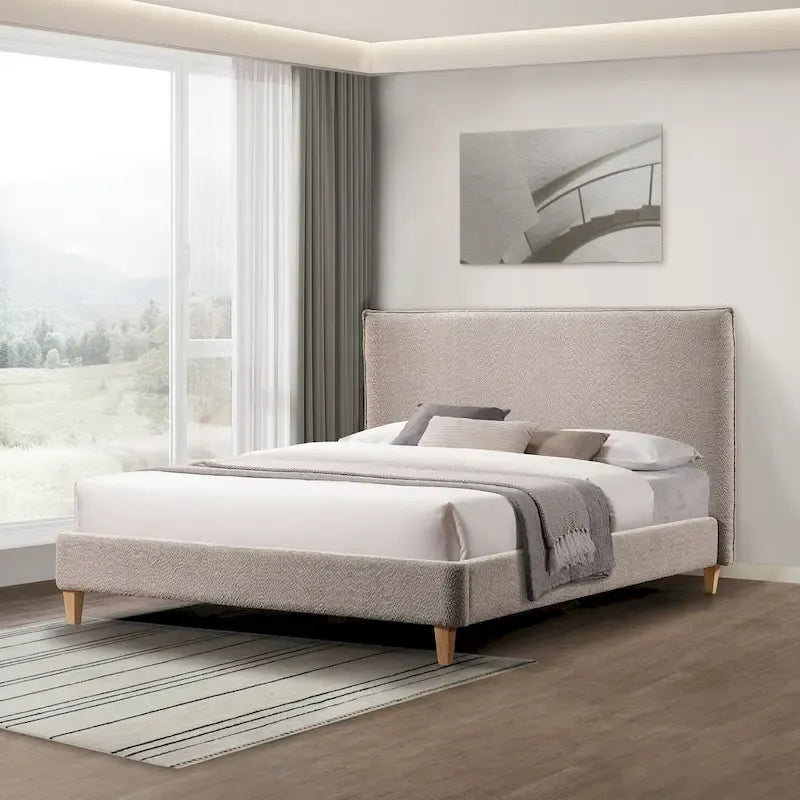 Queen Boucle Upholstered Platform Bed, Velcro Noise-Reduction Straps, 800 lb Capacity