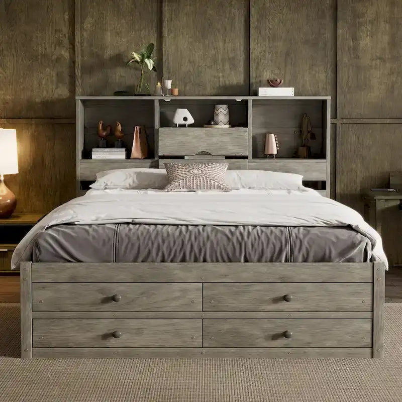 Gray Queen Size Modern Wooden Bed with Storage Headboard and 8 Drawers