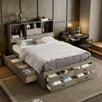 Queen Platform Bed with Storage Headboard & 8 Integrated Drawers, Pine & MDF, No Box Spring