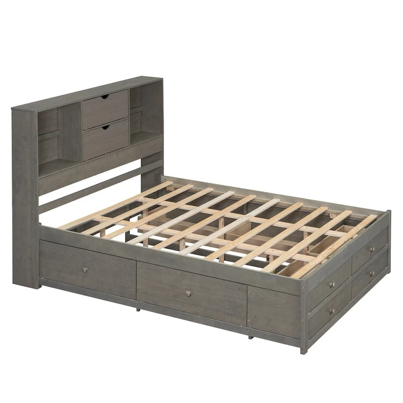 Queen Platform Bed with Storage Headboard & 8 Integrated Drawers, Pine & MDF, No Box Spring
