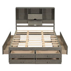 Queen Platform Bed with Storage Headboard & 8 Integrated Drawers, Pine & MDF, No Box Spring