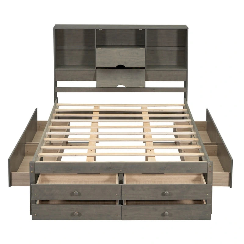 Queen Platform Bed with Storage Headboard & 8 Integrated Drawers, Pine & MDF, No Box Spring