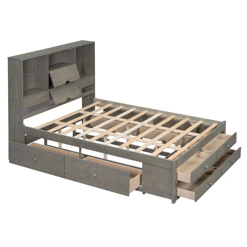 Queen Platform Bed with Storage Headboard & 8 Integrated Drawers, Pine & MDF, No Box Spring