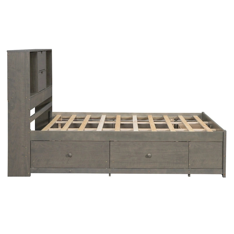 Queen Platform Bed with Storage Headboard & 8 Integrated Drawers, Pine & MDF, No Box Spring