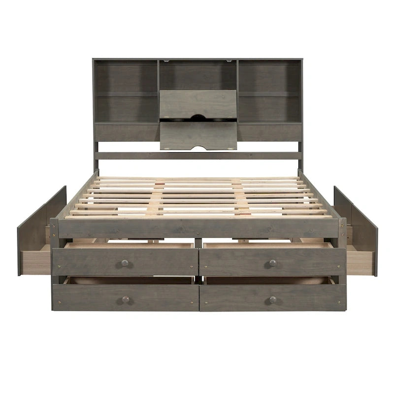 Queen Platform Bed with Storage Headboard & 8 Integrated Drawers, Pine & MDF, No Box Spring