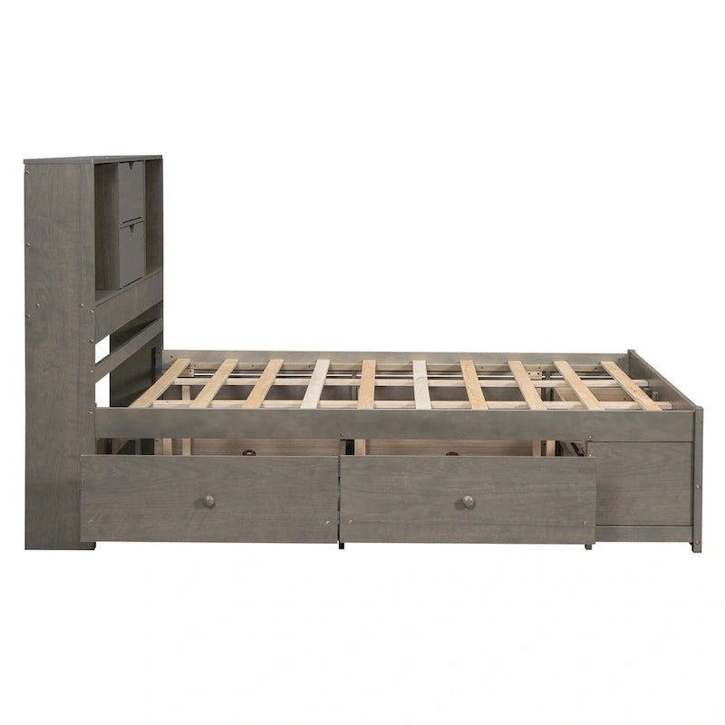 Queen Platform Bed with Storage Headboard & 8 Integrated Drawers, Pine & MDF, No Box Spring