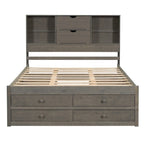 Queen Platform Bed with Storage Headboard & 8 Integrated Drawers, Pine & MDF, No Box Spring