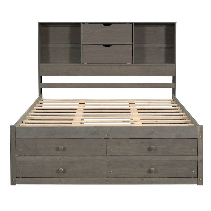 Queen Platform Bed with Storage Headboard & 8 Integrated Drawers, Pine & MDF, No Box Spring