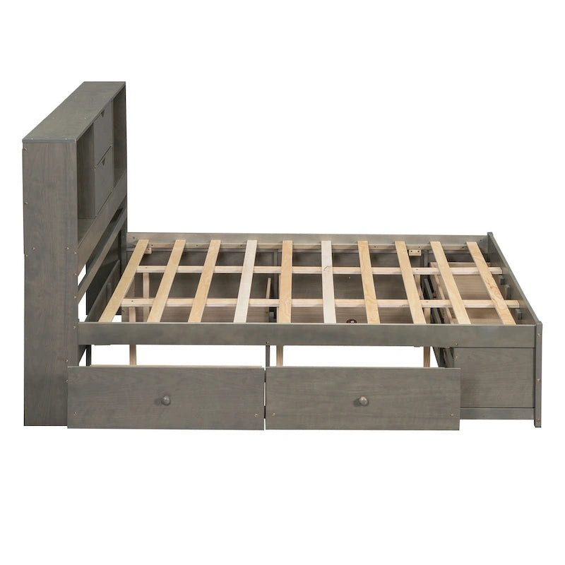 Queen Platform Bed with Storage Headboard & 8 Integrated Drawers, Pine & MDF, No Box Spring