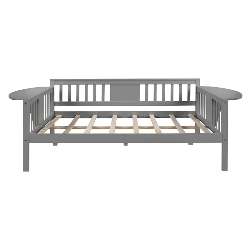 Grey Full Size Wooden Daybed with Storage Rack Handrail - No Box Spring Needed