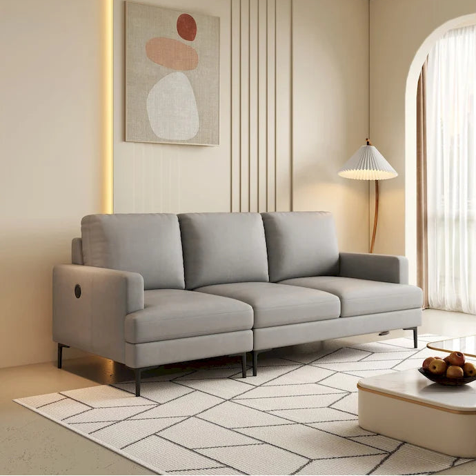 Light Gray Luxury 77 Genuine Leather 3-seater Sofa with USB Charger for Living Room