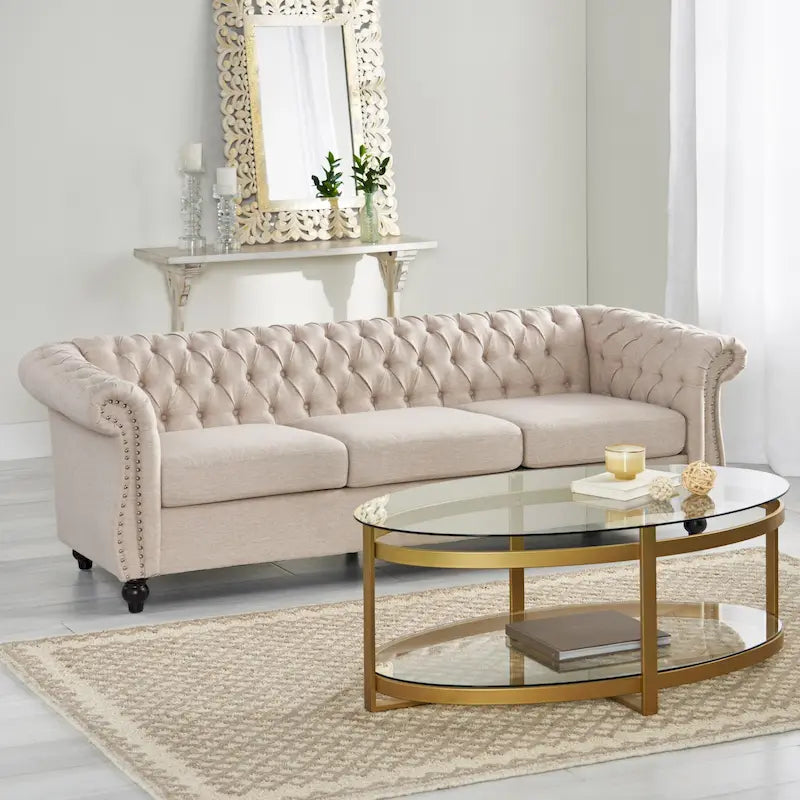 84.75" Chesterfield Button Tufted 3-Seater Sofa with Scrolled Arms & Nailhead Accents, Beige