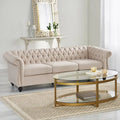 84.75" Chesterfield Button Tufted 3-Seater Sofa with Scrolled Arms & Nailhead Accents, Beige